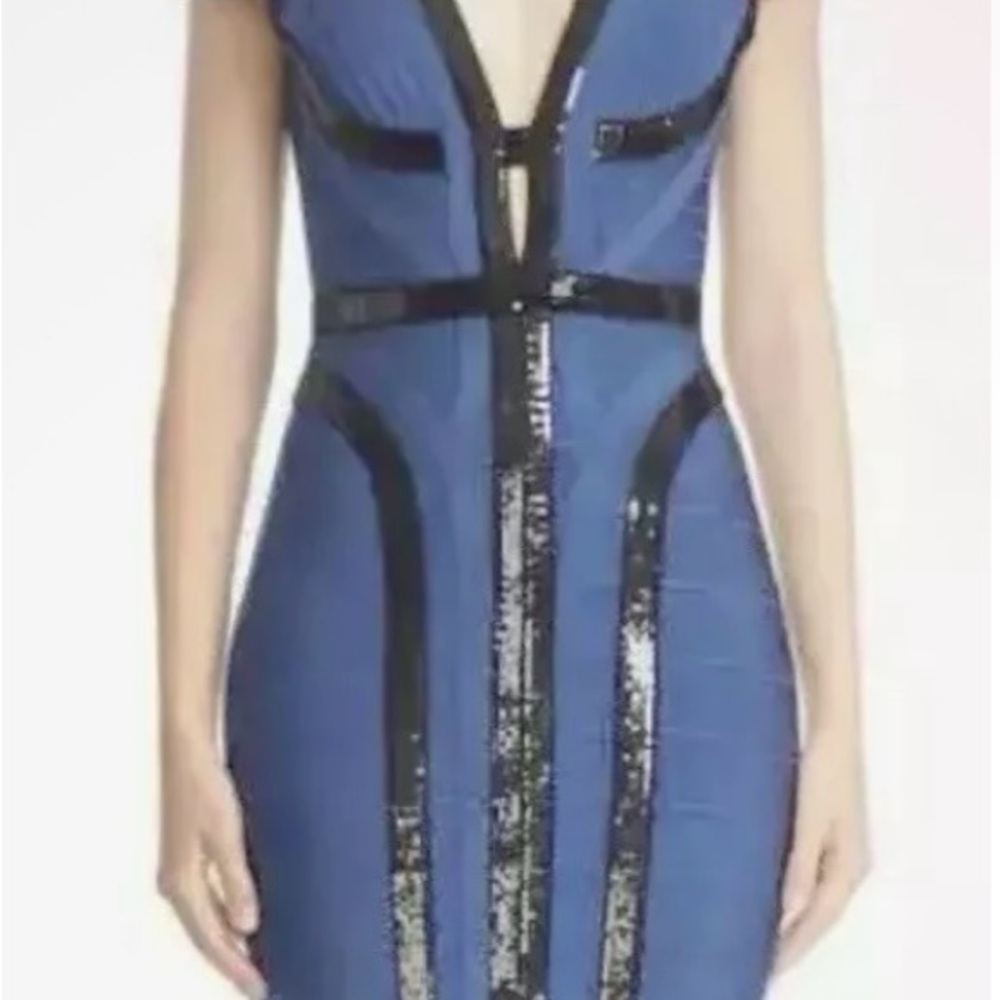 Herve Leger Blue and Black Sequin Bodycon Mini Dress